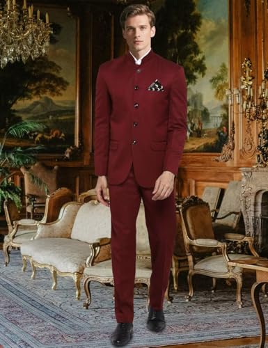 Men's Chinese Suit 2 Pieces Traditional Uniform Groom Dress Stand Collar Slim Fit Festive Wear Blazer Pant Set4