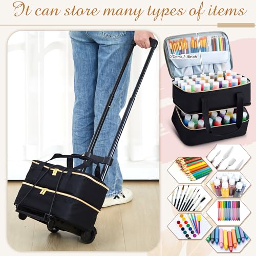 Image of Abbylike Acrylic Paint Organizer Double Layer Bag with Foldable Cart - 56 Shockproof Foam Slots for 2oz Bottles, Portable Art Supply Storage Case for Travel Friendly Artists, Black