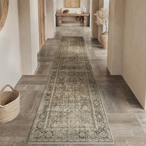 PureCozy Brown Runner Rug 2x10 Vintage Area Carpet Hallway Long Indoor Kitchen Washable Living Room Low Pile Traditional Distressed Retro Accent Throw Rug Non Slip Laundry Bathroom Office Di
