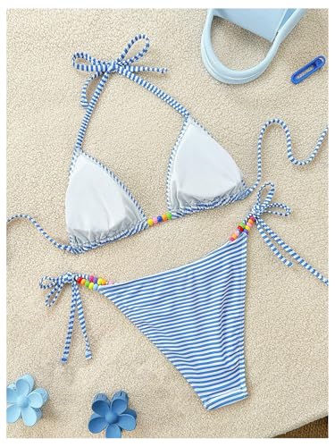 OYOANGLE Women's Striped Triangle Bikini Set 2 Piece Beaded Halter String Swimsuits Tie Side Swimwear2
