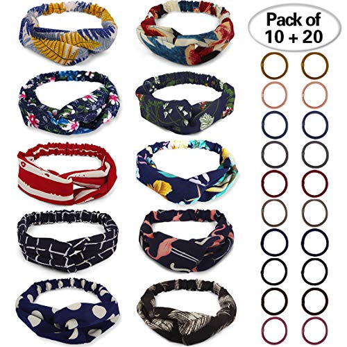 10 Pack Boho Headbands for Women Flower Printed Head wrap Twisted Knot Elastic Head Band Women Cut Hair Band Accessories (10pcs women's headbands+20pcs hair bands)（red stripe)）