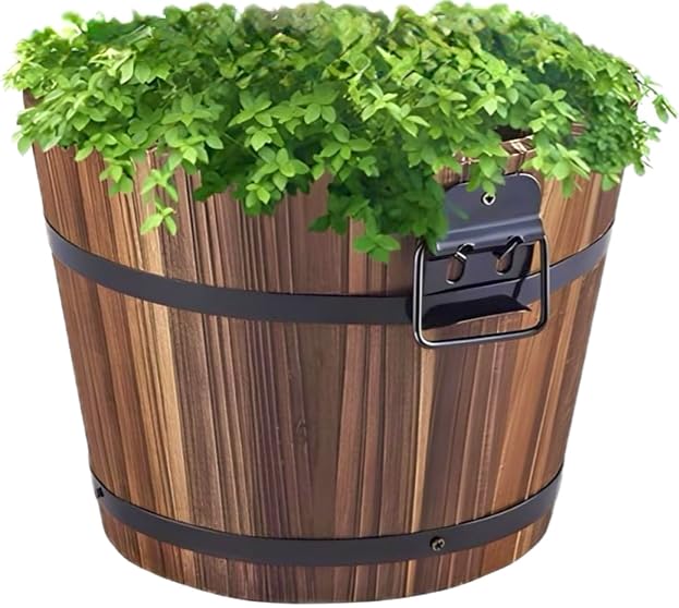 zeeyrak Wooden Barrel Planters Set of 2 – Rustic Flower Pots with Drainage Holes, Indoor & Outdoor Wooden Bucket Containers for Herbs, Small Plants, Garden & Patio (1Pc Large)