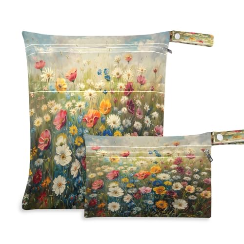 ATTX Colorful Wildflowers Wet Dry Bags 2-Pack - Reusable Cloth Diaper Storage for Travel, Beach & Gym | Multi-Use Waterproof Bags for Swimsuits, Baby Clothes, Sports Gear#52