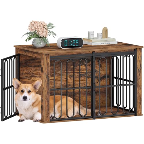 HEXCELEN Hundekäfig-Möbel aus Holz, 100 cm Hundebox für Zuhause, Hundekäfig mit 2 Türen, Schiebetüren, für Kleine, Mittlere Hunde, Robuster, Beistelltisch, 100 x 60 x 62,4 cm, Braun
