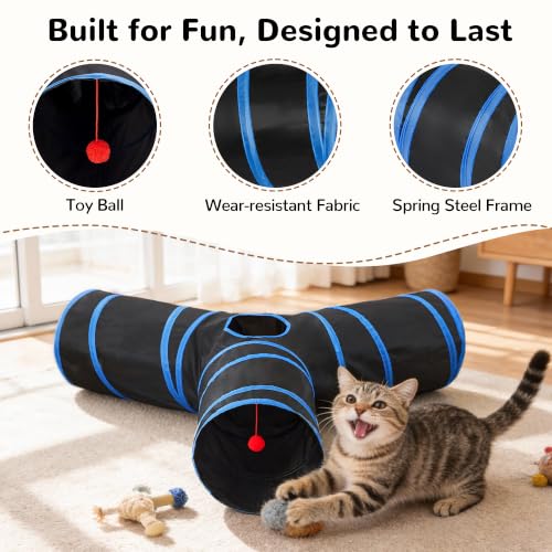 Image of Tempcore Cat Tunnel, 3-Way Collapsible Toy, Large Size Black & Royal Blue | Large Size 3-Way Cat Tunnel Provides More Room for Cats to Run, Hide and Chase, with Peek Holes, Hanging Ball and Teaser Wand
