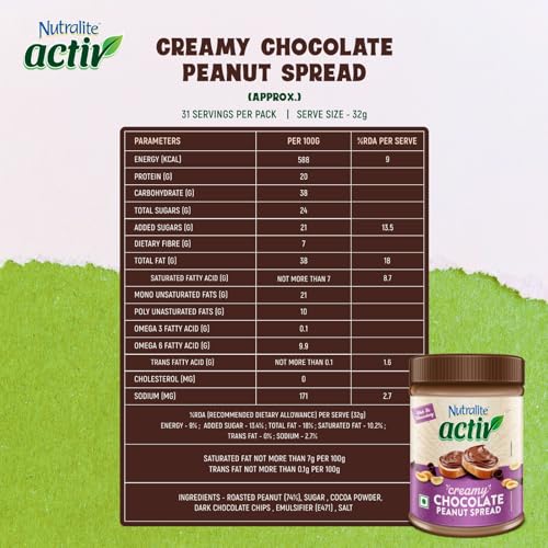 Image of Nutralite Activ Peanut Butter Chocolate Creamy | 1kg Jar | 20g Protein per 100g | High Dietary Fibre | Dark Choco Chips | Zero Trans-Fat | No Gluten | No Hydrogenated Oil | No Preservatives