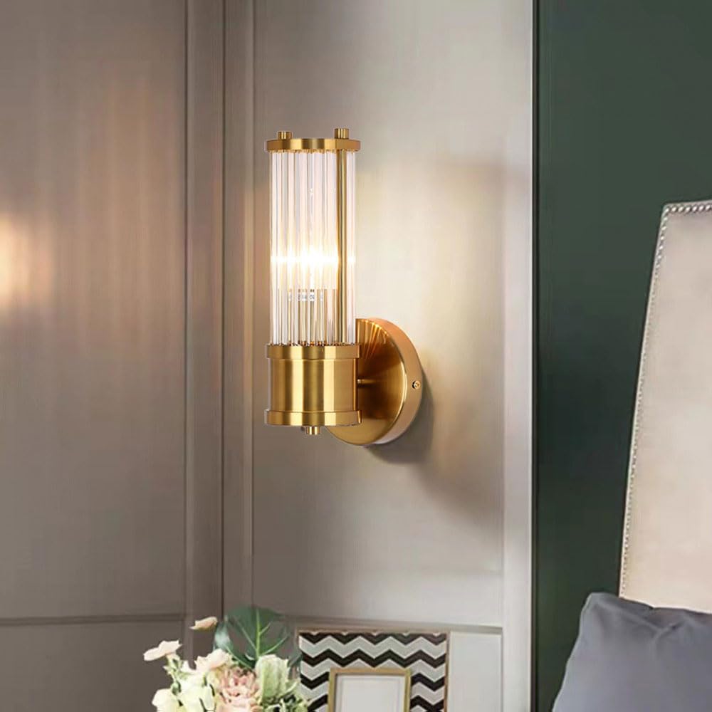 Applique da Parete con Vetro a Coste Dorate, Lampada da Bagno Moderna, Applique a Cablaggio Fisso, Illuminazione Interna con Attacco E27, luci per Soggiorno, Camera da Letto, lampa