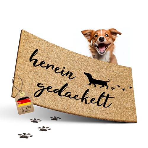 ElbFuchs Fußmatte Kokos 60x40cm Hereingedackelte I Extra langlebige & rutschfeste Kokosmatte für Innen & Überdachte Außenbereiche I Lustige Türmatte mit Dackel Motiv I Ideal als Schmutzfang