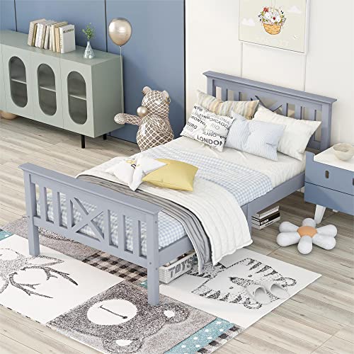 ModernLuxe Lit d'enfant Lit Simple ou Double Cadre de lit en Bois avec sommier à Lattes et tête de lit Lit en Bois Massif Laqué Blanc Lit d'invité Lit de Jeunesse (Gris, 90 x 200 cm) Cover