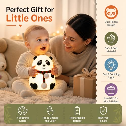 Image of Cute Panda LED Night Lamp for Kids | Soft Silicone, Rechargeable, Touch Control, Bedside Light for Bedroom & Nursery