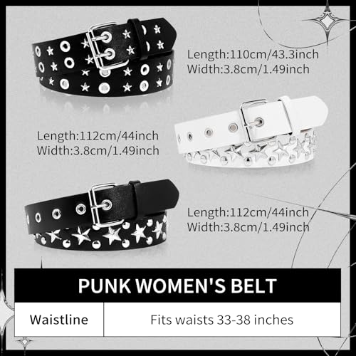 3 Pcs Black Studded Belt, Y2K Belt Star Goth EMO Punk Rock Double Grommet with Bright Pyramid Studded for Women Men (Star White Black)2