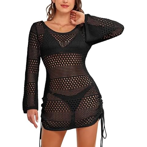 Cysincos Womens Crochet Swimsuit Cover Up Hollow Knot Back Bikini Swim Cover Ups 2024 Drawstring Beach Bathing Suits Coverup Black M Cover