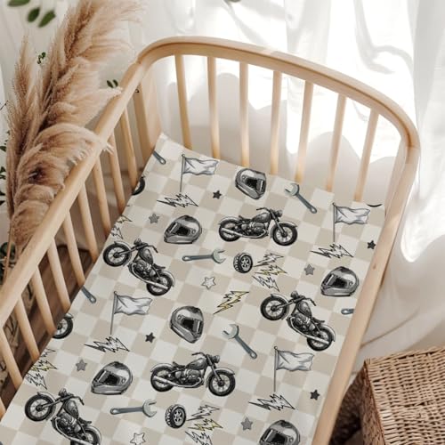 Image of Cute Motorcycle Flag Plaid Baby Crib Sheet for Boys & Girls 28"x52" Motor Bikes Stars Fitted Crib Mattress Cover for Standard Crib and Toddler Mattress Race Vehicles Bed Sheets Plaid One Size
