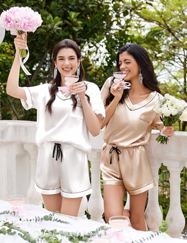 Ekouaer Silk Pajama for Women Short Sleeve Satin Pj Set Two Piece Soft Sleepwear Loungewear S-XXL3