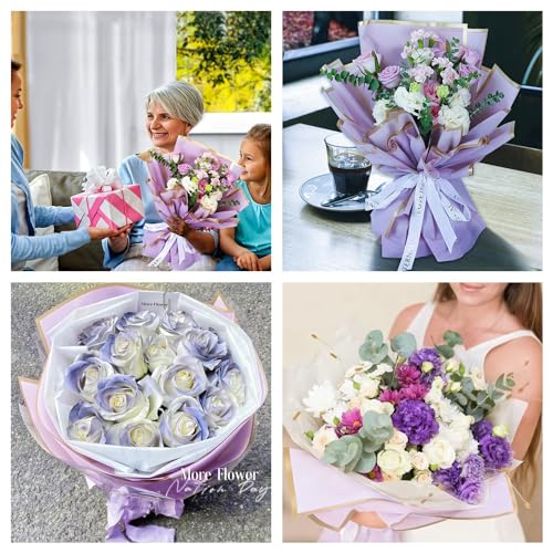 XIYUAN 20 Counts Gold Edge Fresh Flowers Wrapping Paper DIY Crafts Gift Packaging or Gift Box Packaging,Waterproof Flower Wrapping paper 22.8X22.8 inches Florist Bouquet Supplies (Lavender Purple) - Thumbnail 4