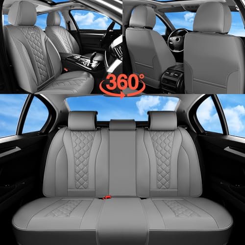 Image of Coverado Leather Seat Covers, Car Seat Covers Full Set, Perforated Diamond Leather Car Seat Cover, Waterproof Car Seat Protector Seat Cushion, Universal 5 Seats Seat Cover Fit for Most Cars, Gray