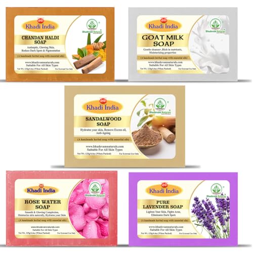 Image of Khadi Organic and Natural Handmade Bathing Soap for Men & Women By Bhudevam Naturals | Assorted Herbal & Chemical-Free Face and Body Soap for Gentle Cleansing & Healthy Skin (Mixed Bar Soap (Pack of 5))