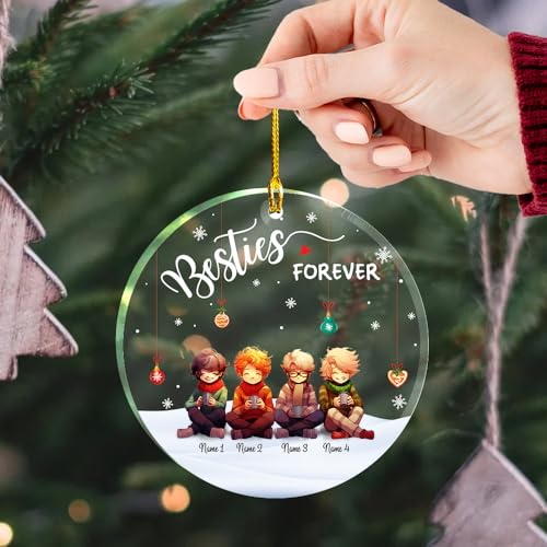 Besties is Forever Clear Plastic Ornaments, Christmas Decorations Personalized Name Four Boys Wear Sweater Scarft with Chocolate Cup Acrylic Ornaments, Gifts for Brother Friends Besties Siblings3