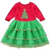 Diseño único: vestido de manga larga con cuello redondo y malla hasta la rodilla. Vestido de fiesta de Navidad con árbol de Navidad brillante. Este lindo vestido tiene múltiples capas de tul con una bola dimensional de colores en la falda. Perfecto para las vacaciones de Navidad y el vestido de fiesta.