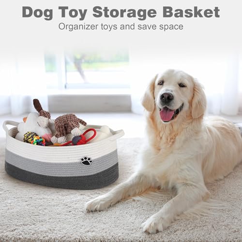 Image of Optish Dog Toy Basket, 30L Toy Box and Bin for Dog Cat Storage, 19.7 inch X 11 inch X 7.9 inch Large Woven Rope Basket for Blankets, Living Room, Bedroom, White & Grey