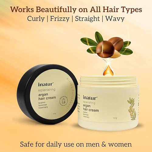 Image of inatur Argan Oil Hair Cream for Frizz Control | Natural & Vegan Styling Cream for Men & Women | Smoothens, Nourishes & Tames Dry Hair | Daily Use | 100g
