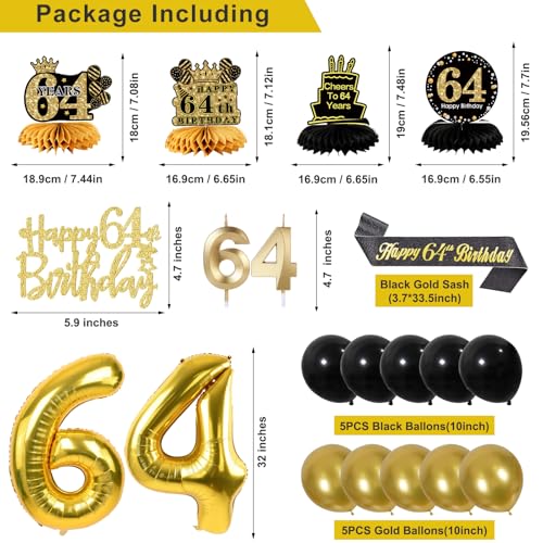 Image of 64th Birthday Decorations for Men, Black Gold 64th Party Decoration Kits | 27pcs Happy 64th Birthday Set, Banner, Honeycomb, Balloons, Gold Number, Candle, Hanging Swirls, Cake Topper, Party Supplies