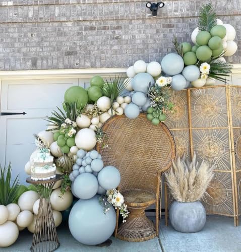 Image of Dusty Blue Green Balloon Garland Arch Kit Double Stuffed Avocado Green Balloons Thick Latex White Sand Pastel Blue Balloons Kit For Jungle Safari Neutral Birthday Baby Shower Party Deocrations