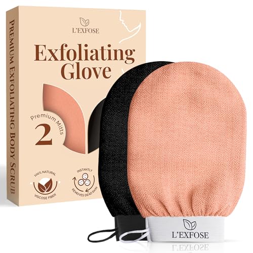 L'Exfose Kessa Hammam Deep Exfoliating Glove 2pc - Korean Exfoliating Mitt for Shower Ideal for Dead Skin Remover, Keratosis Pilaris & Self-Tanning to Improve Skin Tone Made with 100% Natural Viscose