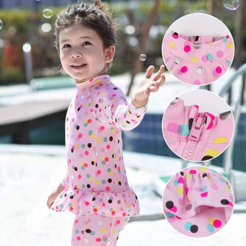 Image of Toddler Girls Pink One Piece Swimsuit Colored Dots Swimwear Long Sleeve Bathing Suit with Zipper