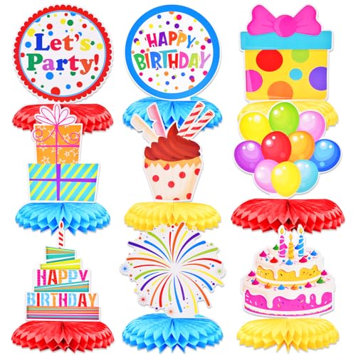 Image of 9 Pieces Birthday Honeycomb Centerpieces Table Decor, Colorful Cake Balloon Gift Box Happy Festive Pattern Table Topper Ornaments Signs, Fun Birthday Party Decorations