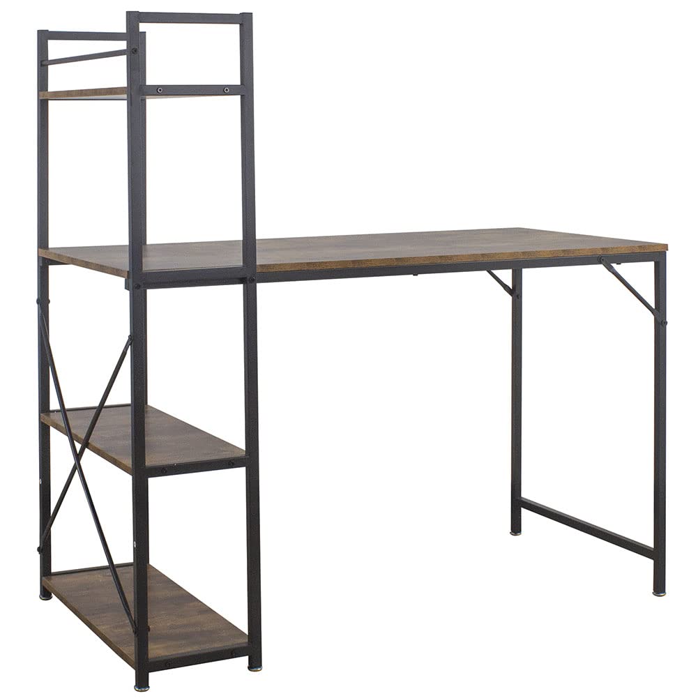 BAKAJI Scrivania con Libreria 4 Ripiani Tavolo da Lavoro Porta Pc Computer Struttura in Metallo Nero e Piano in Legno MDF Arredamento Casa Ufficio Cameretta Dimensioni 120 x 62 x 121 cm (Brown)