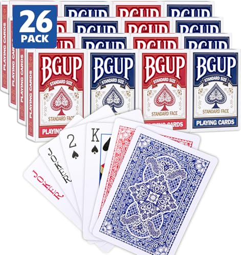 BGUP Playing Cards 26 Decks of Cards Bulk Standard Size Poker Cards Perfect for Classic Card Games Party Games Blackjack Card Games for Families & Magic Performances (Red/Blue)