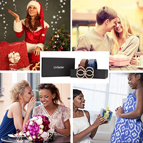 Unfader Pack 2 Women Belts For Jeans With Fashion Double O-Ring Buckle And Faux Leather (Pack 2 (Blue+Chocolate Brown), M: Fits Wiast Size From 31"-36") #TOP6