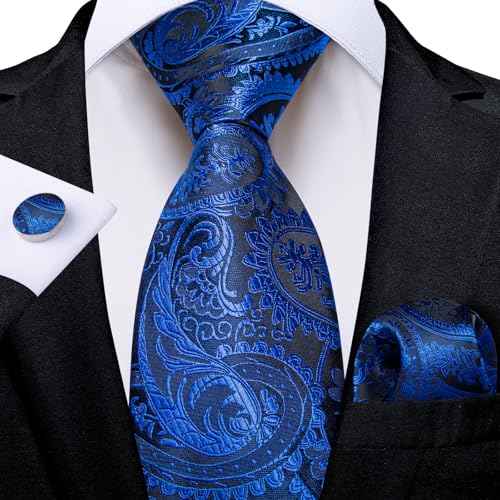 Image of DiBanGu Mens Paisley Tie Set Silk Woven Jacquard Necktie and Pocket Square Cufflinks Gift Set for Wedding Bussiness