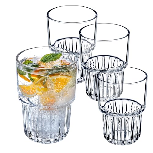 KADAX Verres à boisson, universels, striés, polyvalents, à long drink, à cocktail, à eau, de 320 ml, en verre de sodium-calcium, durables, lavables en machine, recyclables (lot de 4)