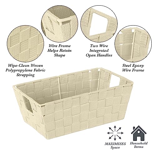 Image of Simplify Small Shelf Woven Strap Tote | Decorative Storage Basket | Built in Handles | Organization | Closet | Bedroom | Bathroom | Nursery | Accessories | Toys | Gifts | 4 Pack | Ivory
