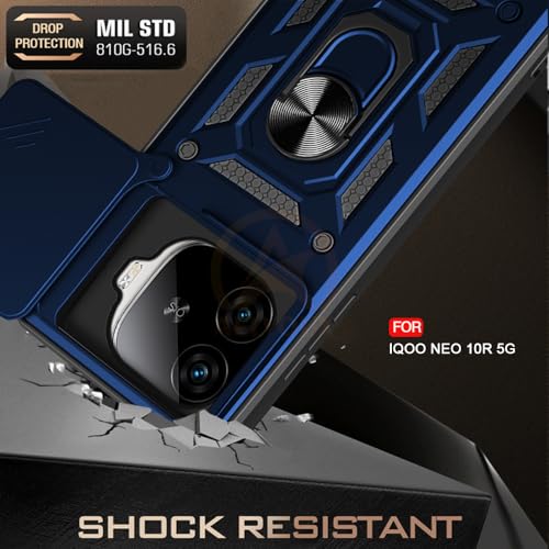 Image of Armor Bumper Back Cover Case for iQOO Neo 10R 5G Rotating Camera Cover, Ring Holder & Kickstand | Heavy Duty & 360 Degree Protection iQOO Neo 10R 5G Back Cover (Blue)