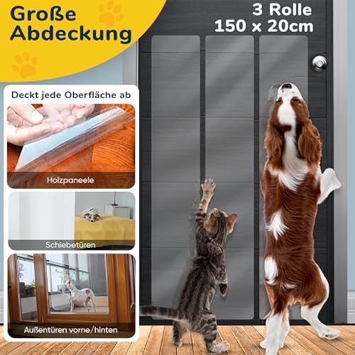 PROTECTO 3-Pack Tier - Kratzschutz mit Cuttermesser – 150 x 20 cm Kratzfolie Katzen Selbstklebend - Schutzfolie Tür – Schutz für Türen + Möbel vor Hunden & Katzen – Anti Kratz Folie – Katzenschutz