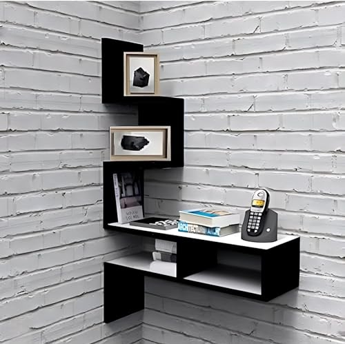 Dime Store Wooden Wall Corner Hanging Shelves for Living Room Stylish Zig Zag Home Decor Floating Display Rack Storage Organizer Unique Design (Modern, Black & White)