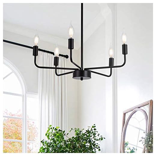 SHANSRUI Matte Black Chandelier Modern Farmhouse Candle Ceiling Light Contemporary 5 Lights Pendant Light Fixtures for Bedroom Living Room Kitchen Island Foyer E12 Bulb Base UL Listed