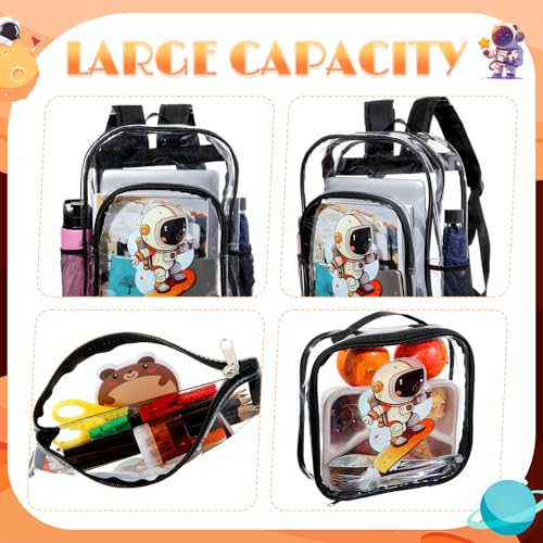 3 Pcs Kids Clear Backpack with Lunch Bag Pencil Case 16" Heavy Duty Transparent Bookbag for Boy Girl School Supplies(Astronaut,Black)3