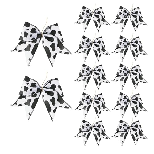 Meseey 12 Pack 6x6 Inch Black and White Cow Print Wired Edge Ribbon Bows, Pre-Made Farmhouse Cow Print Bows for Christmas Tree, Wreaths, Gift Wrapping, Party Decor, Baby Shower Supplies