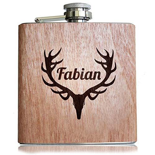Flasque en bois avec nom gravé et bois de cerf - Cadeau personnel avec nom gravé pour chasseurs et chasseurs Cover