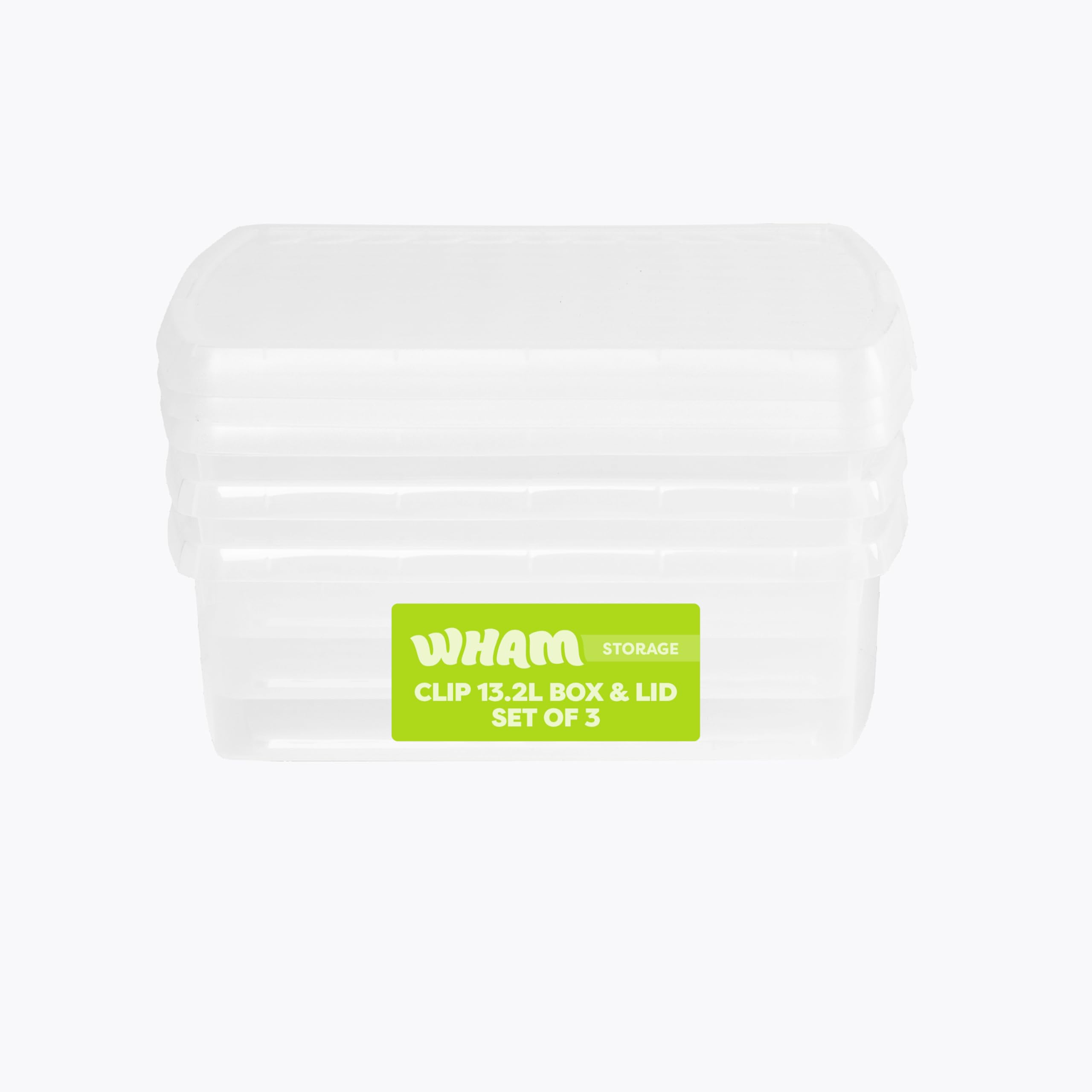 Wham Clip 13.2L Clear Square Storage Box with Lid - 3 Pack