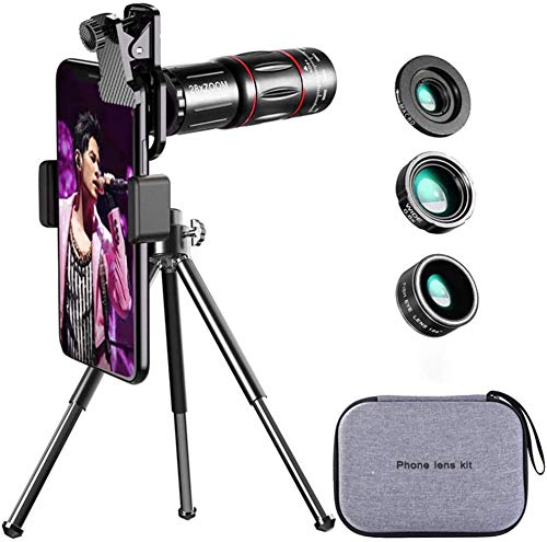 Ancocs Phone Camera Lens Phone Lens Kit 4 in 1,28X Telephoto Lens,0.6X Super Wide Angle Lens&20X Macro Lens,200°Fisheye Lens, 4K HD Phone Lens for iPhone Samsung Pixel Android-Black