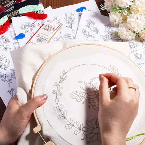 Image of GLOBLELAND Canvas Tote Bag Embroidery Kit with 2 Pcs Storage Bag 1pc Embroidery Hoop 18 Pcs Embroidery Needles 4 Sheets Bee Butterfly Water-Soluble Embroidery Stabilizers 24 Pcs Threads