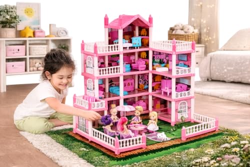 Image of Large Doll House Kit Pink Toys Baby Doll for Kids House DIY Big for Girls Doll House Children Accessories Castle