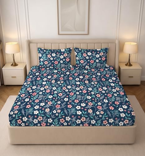 Image of RD TREND Premium Soft Cloud Cotton Floral Bedsheet for Double Bed | Size-90x90 Inches Queen Bedsheets with 2 Matching Pillow Covers (18x28 Inch) Midnight Blue