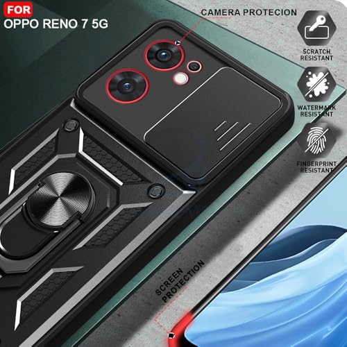 Image of AESTMO Tough Armor Oppo Reno 7 5G Bumper Back Case Cover | Ring Holder & Sliding Camera Shield Cover | 360 Degree Protection Back Case Cover for Oppo Reno 7 5G (Black)