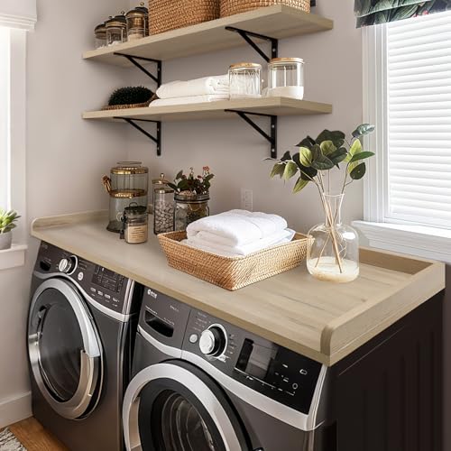 Kaboon Washer Dryer Countertop, Melamine Countertop with Edge Rails - 27.5" Depth x 54" Width Laundry Room Organization, Oak(Grey Tone)